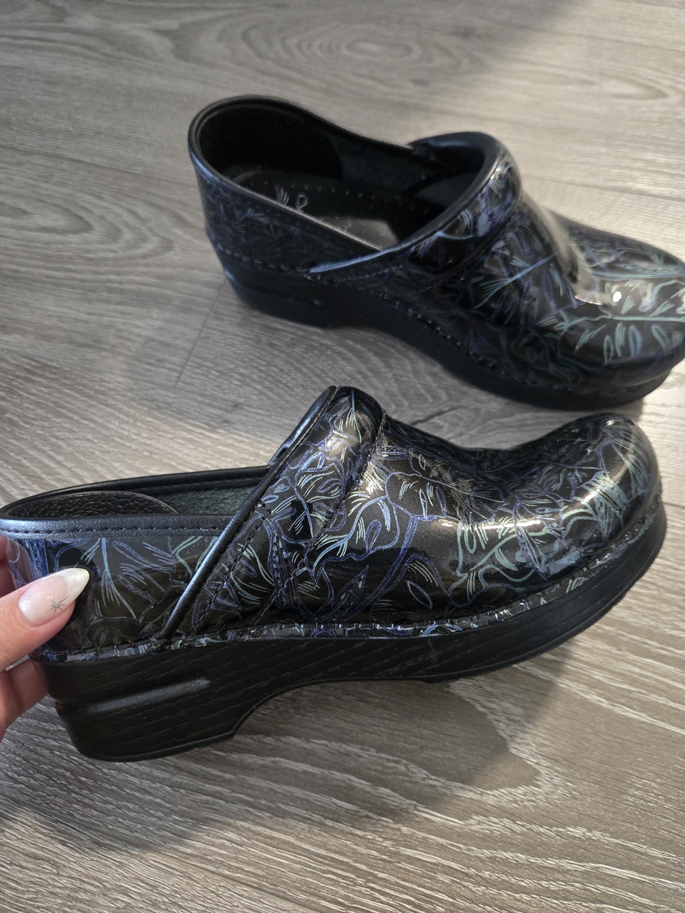 Dansko Leather Clogs in Tropical Patent Leaf size 36